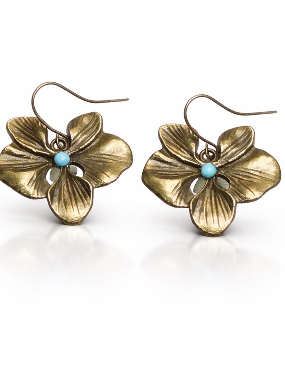 Turquoise Boho Brass Flower Earrings Antique Bronze Floral Dangle Vintage Style - Picture 6 of 7